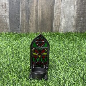 Vintage Taiwan Cast Iron Tealight Holder Church Window Stained Glass